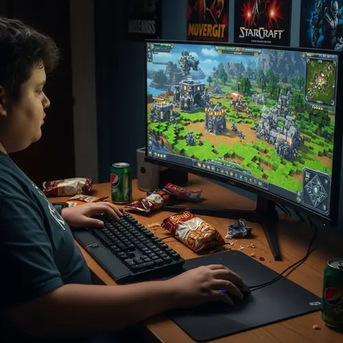 Overweight Person Engrossed in Minecraft-Starcraft Game on PC