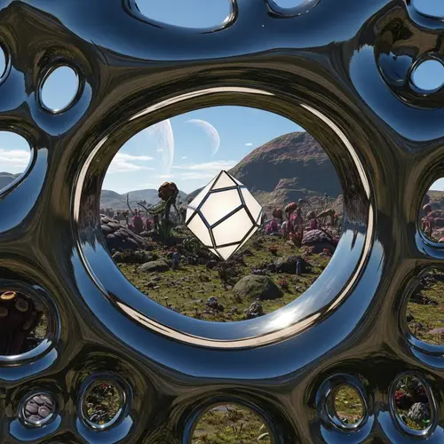 Alien Landscape Reflection: Metallic Liquid Structure and Geometric Glow