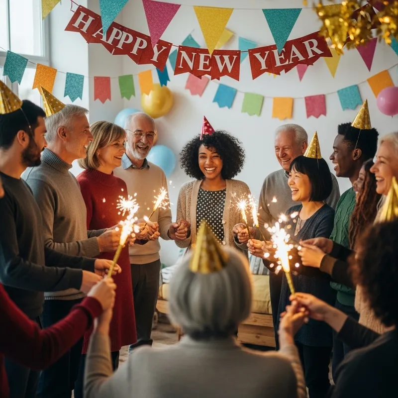 Cheerful People Holding Hands in New Year Celebration