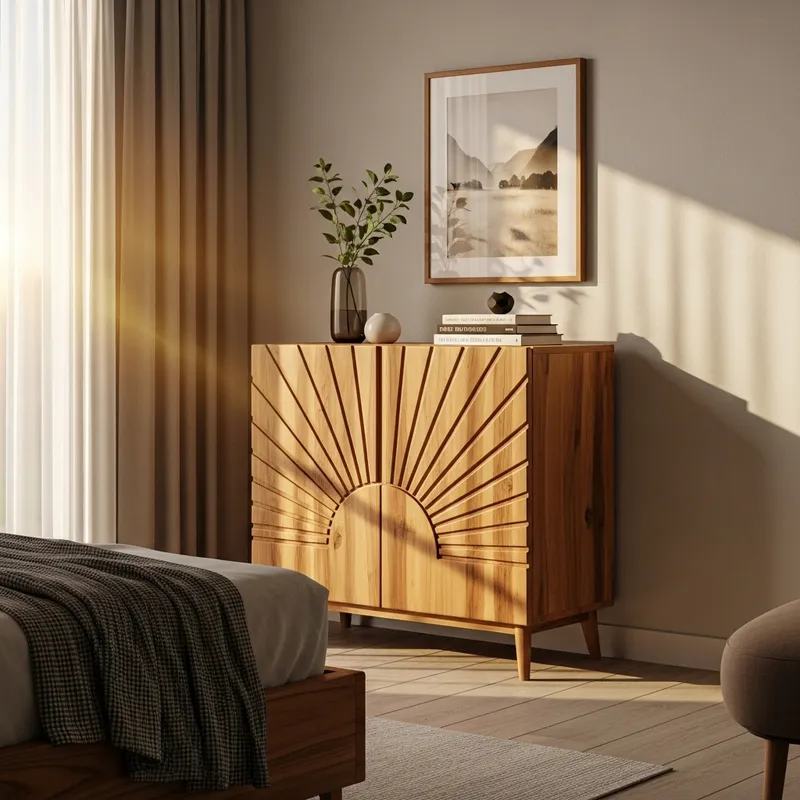 Sun-Inspired Teak Wood Cabinet Furniture for Serene Bedroom Decor