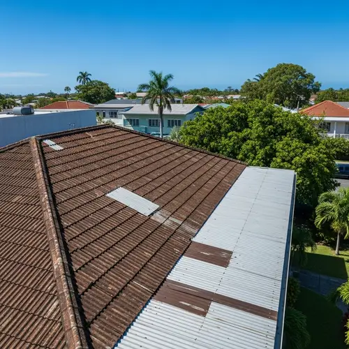 Weather-Beaten Roof in Town: A Drone's View