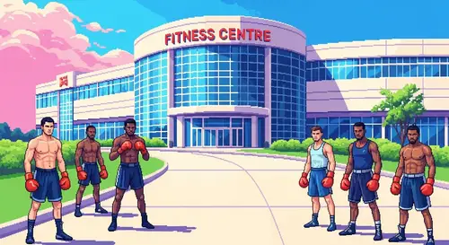 Modern 8-Bit Fitness Center with Red Boxers | Gym Training Scene