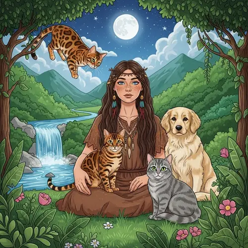 Mystical Scene with Bengal Cat and Shamanistic Woman