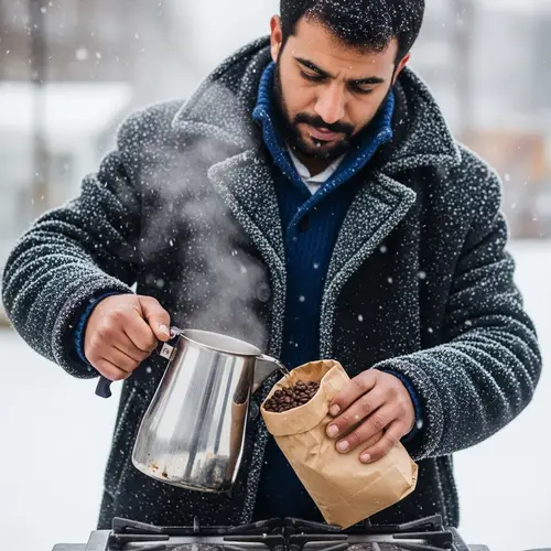 Middle-Eastern Man Making Coffee in Winter Scene