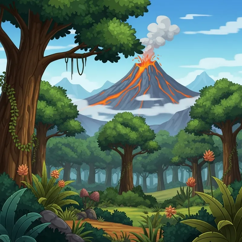 Cartoon Prehistoric Landscape with Erupting Volcano