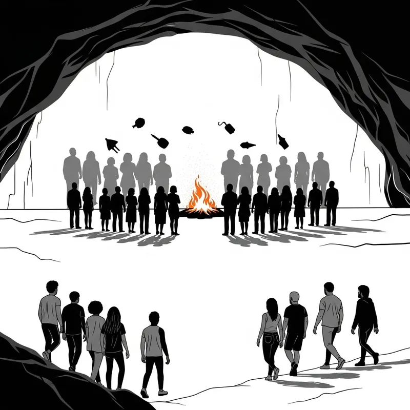 Silhouettes of Resilience: Exiting Cavern in Minimalist Illustration