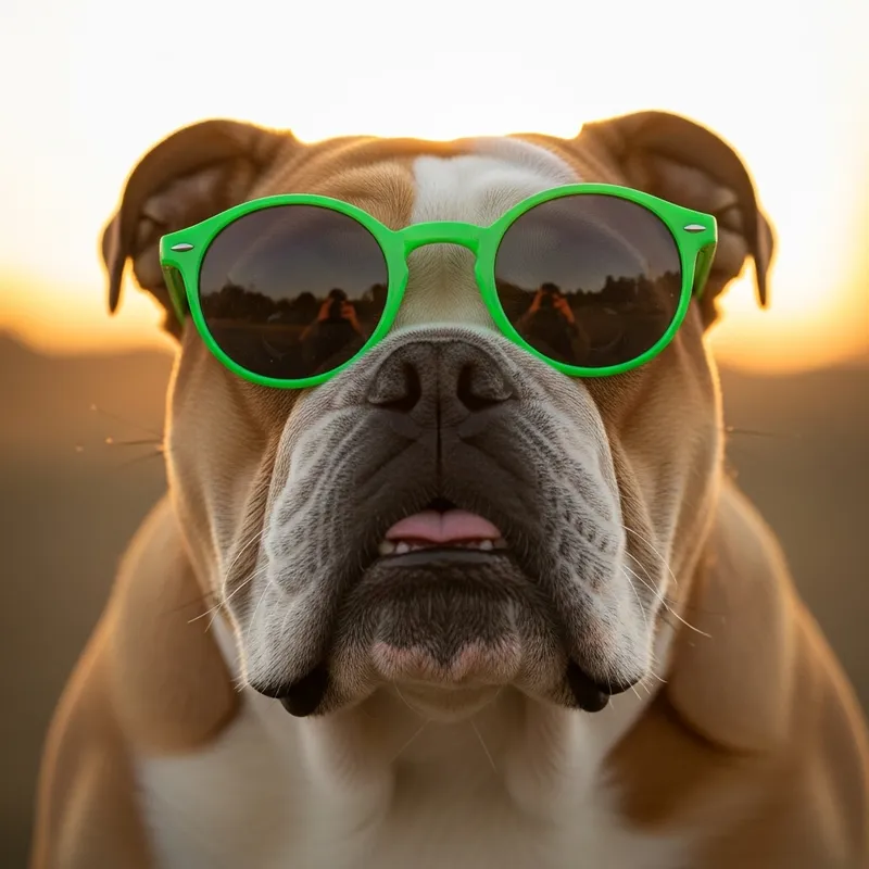 English Bulldog with Green Sunglasses - Fun Dog Image