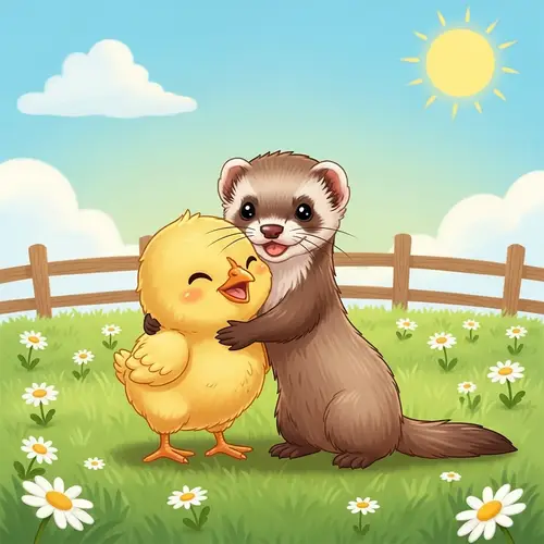 Adorable Chick and Ferret Hugging - Heartwarming Farm Scene