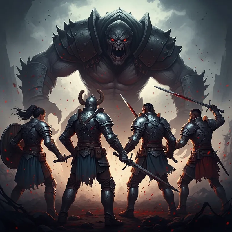 Epic Medieval Fantasy Warriors Battle Giant Villain