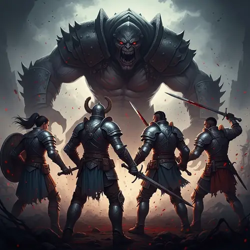 Epic Medieval Fantasy Album Cover with Warriors Battling Giant Villain