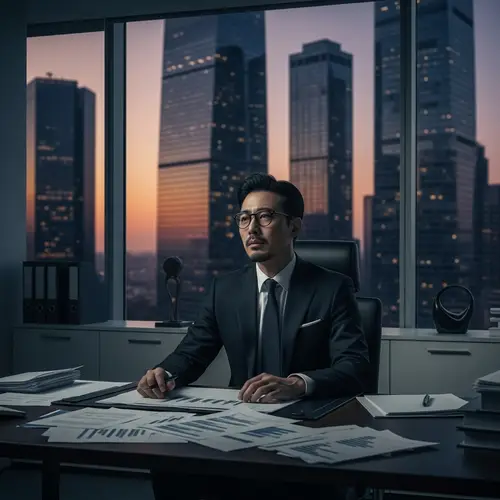 Melancholic East Asian Male Entrepreneur in Modern Office