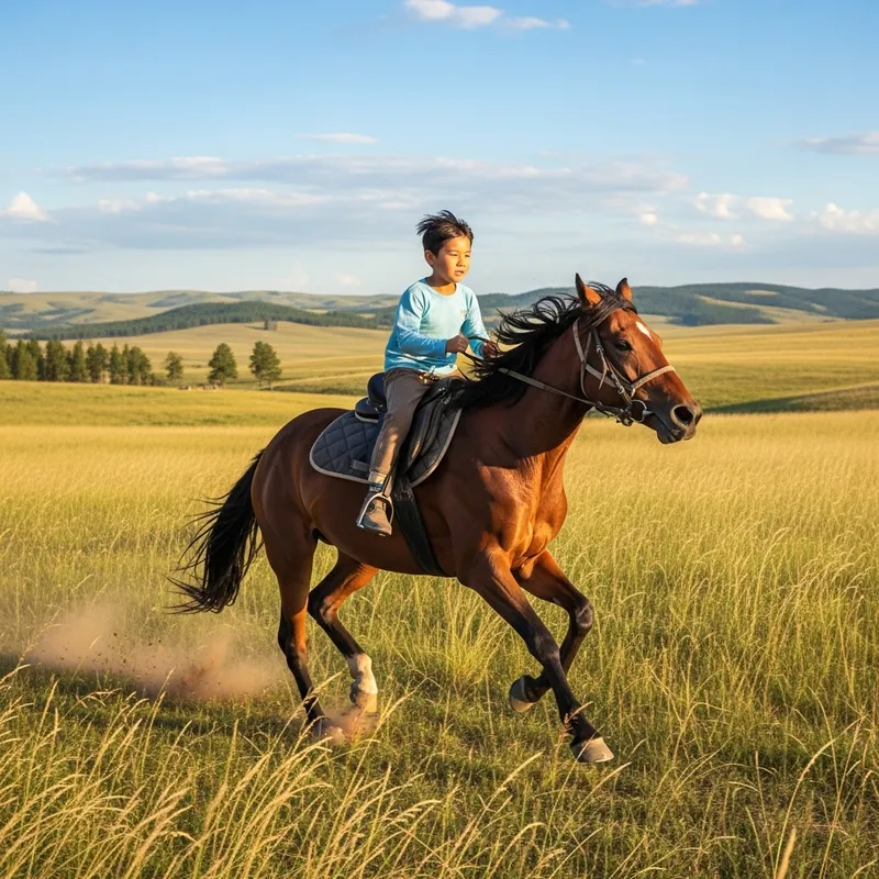 Asian Boy Riding Horse Galloping on Grassland