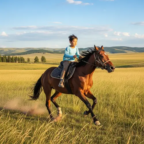 Asian Boy Riding Horse: Galloping Adventure on Grassland