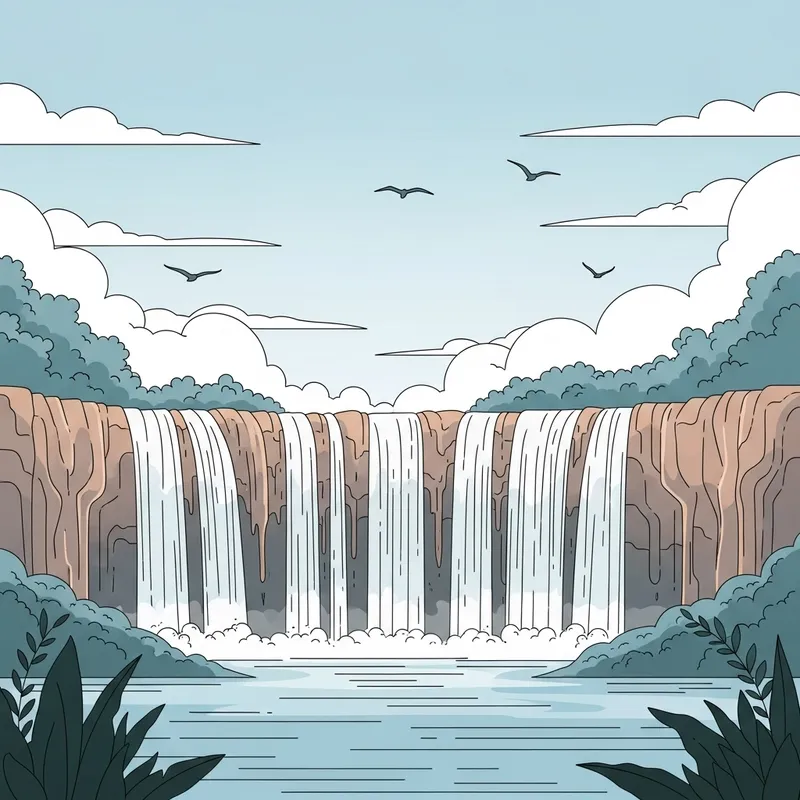 Tranquil Waterfalls & Birds in Minimalist Art Style Tranquil Waterfalls & Birds in Minimalist Art Style