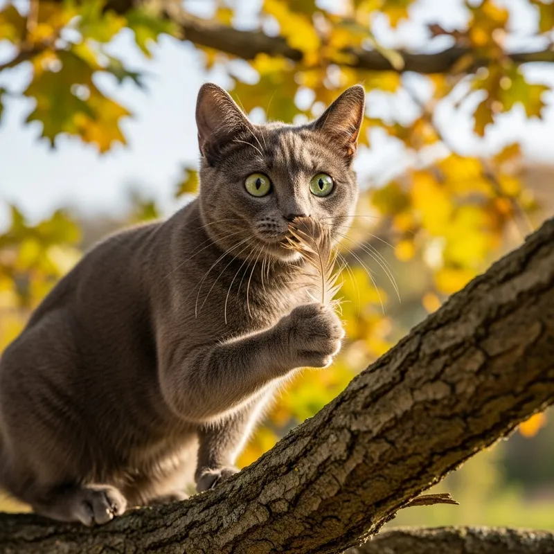 Sleek Gray Domestic Cat Playing with Feather
