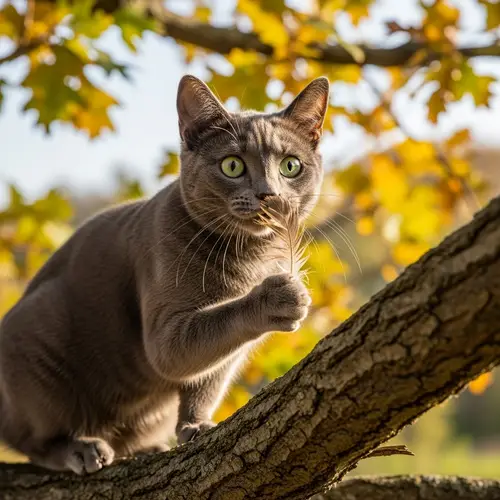 Sleek Gray Domestic Cat Playing with Feather on Oak Tree Branch