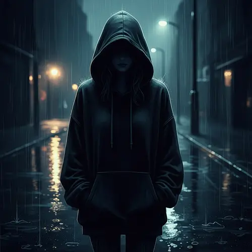 Dark and Mysterious Digital Illustration of a Woman in Hoodie