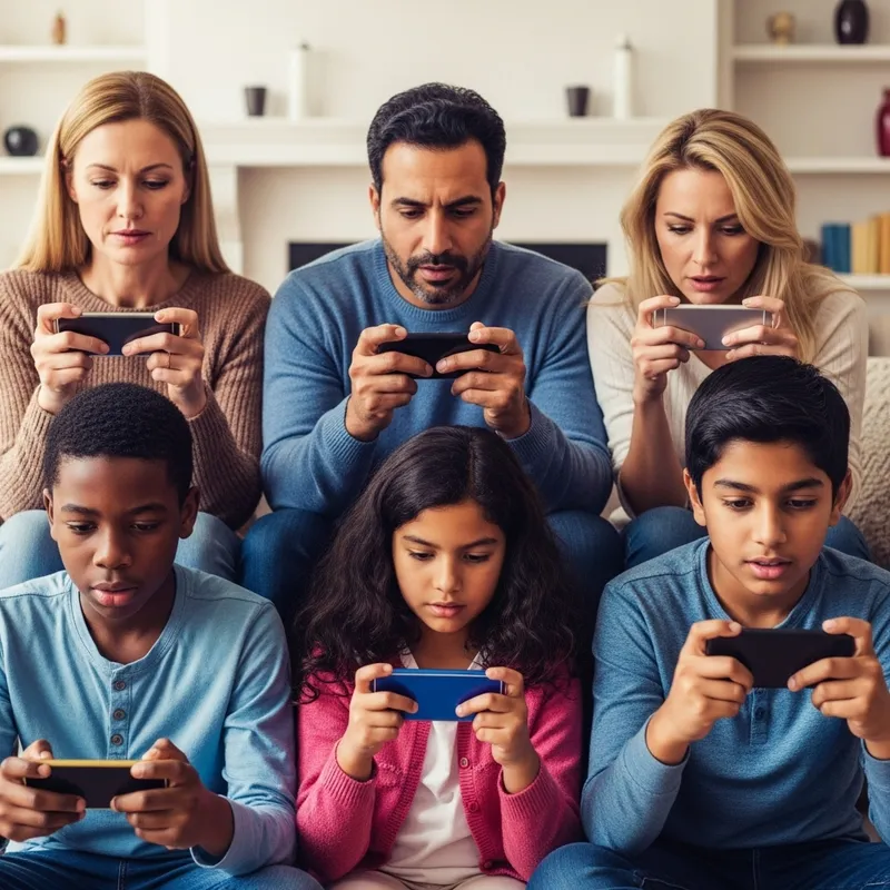 Multicultural Family with Parents and Kids Using Smartphones Multicultural Family with Parents and Kids Using Smartphones