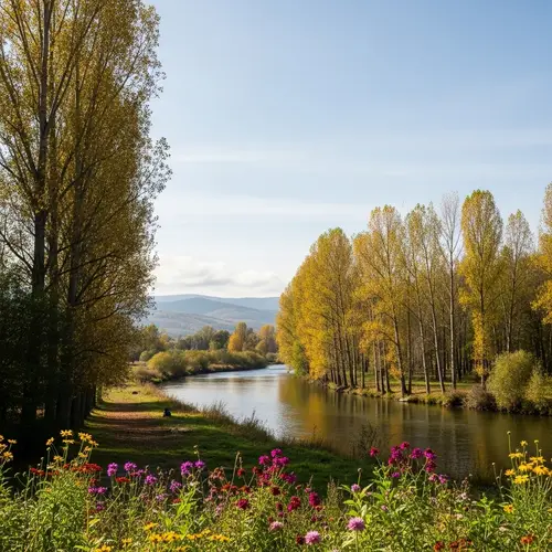 Minimalistic Nature Landscape | Tranquil River Scene with Autumn Trees