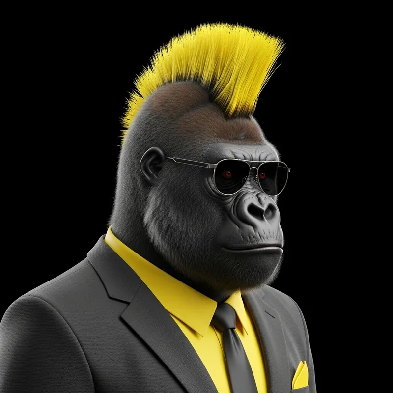 Punk Gorilla Portrait in Vantablack Suit and Yellow Mohawk
