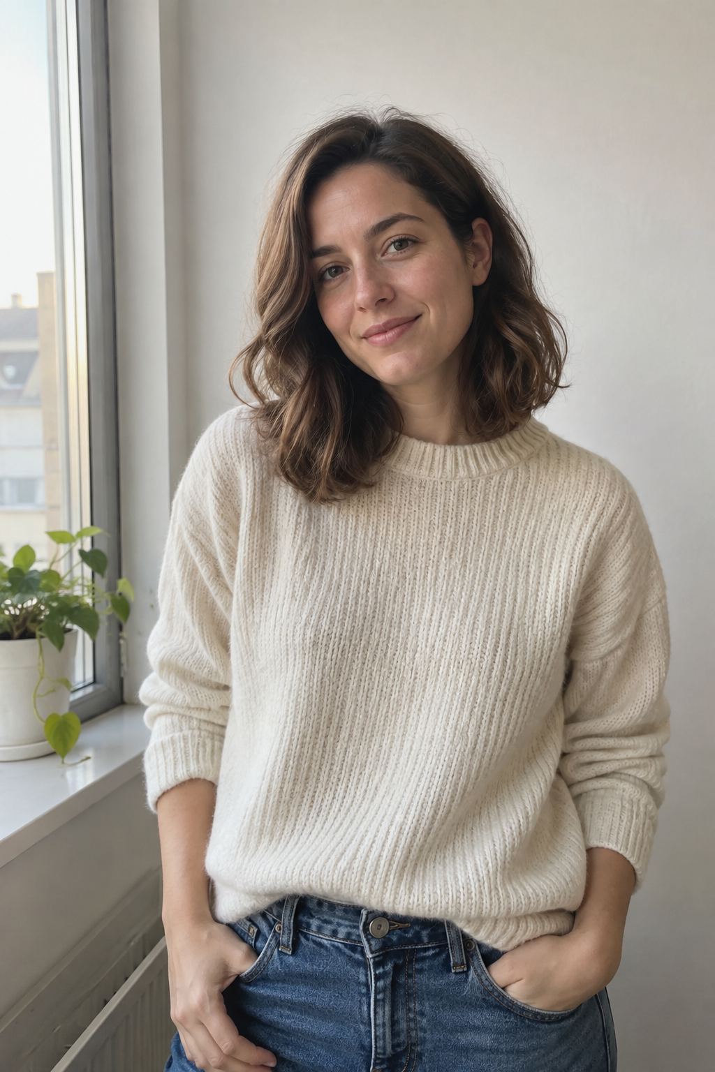 Sample reference photo of a woman with wavy brown hair in a cream knit sweater and jeans, used to create a consistent AI character