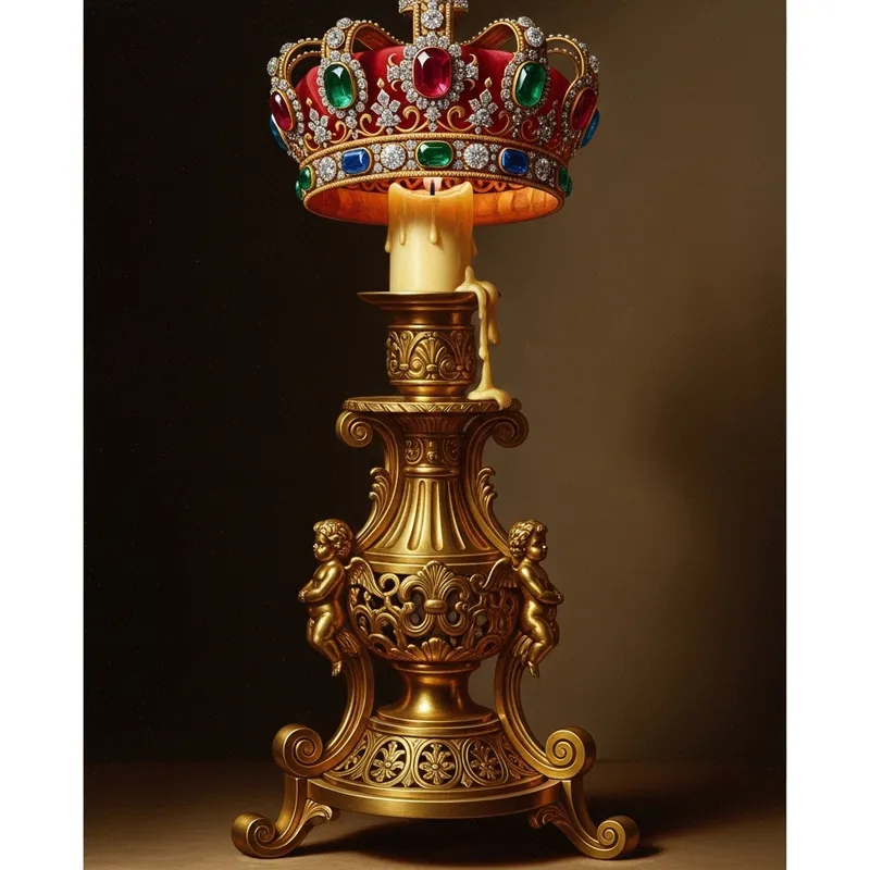 Vintage Candlestick with Crown - Majestic Oil Painting Vintage Candlestick with Crown - Majestic Oil Painting