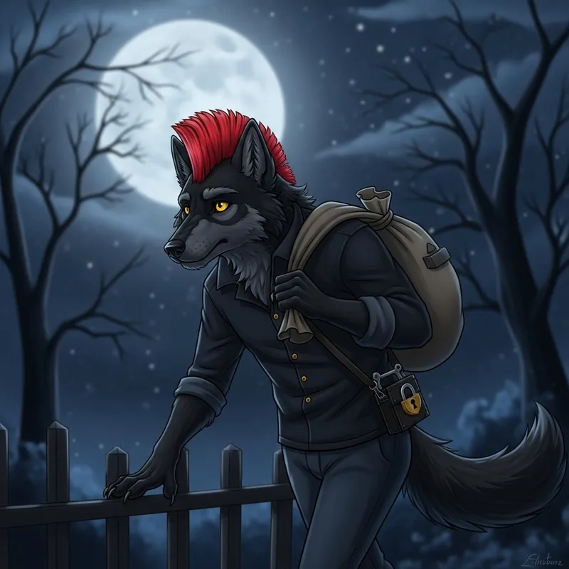 Black-Furred Wolfman Thief with Red Mohawk Mullet Hair