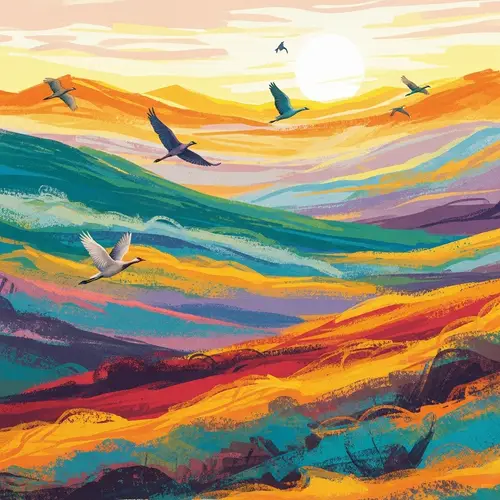 Vibrant Landscape Artwork with Graceful Birds in Flight