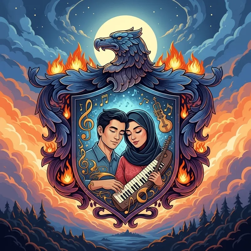 Grand Nature-Themed Coat of Arms with Musical & Fire Elements