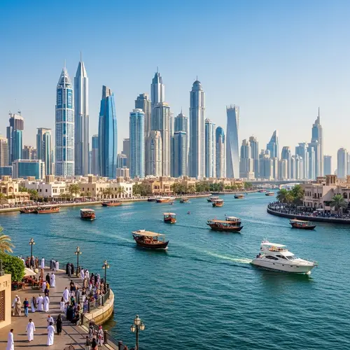 Dubai Cityscape: Skyscrapers, Creek, and Multicultural Crowd