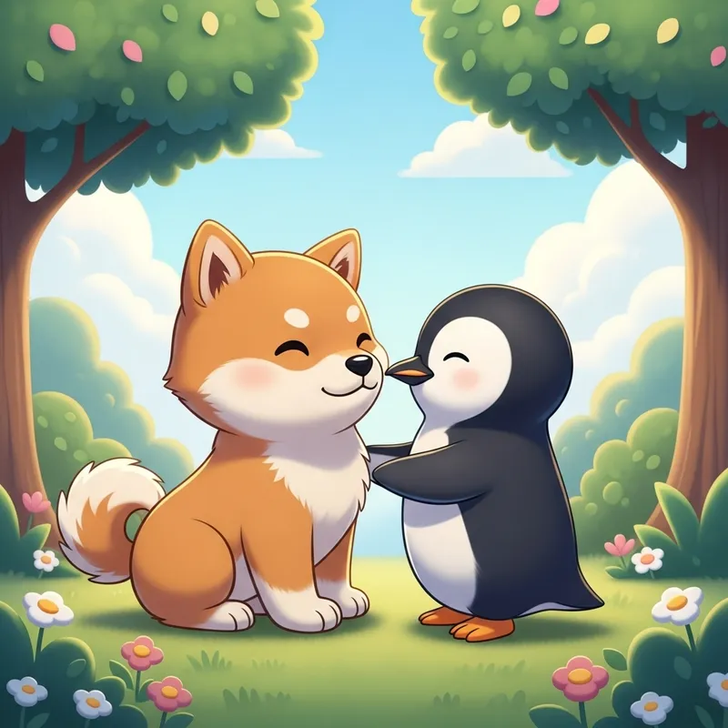 Cute Shiba Inu and Penguin Love Cartoon