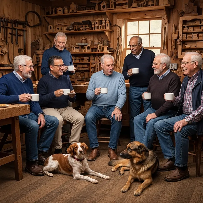 Charming Scene: Elderly Men Enjoy Coffee and Apple Fritters with Dogs in Rustic Woodshop