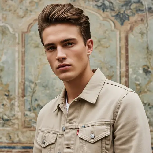 Stylish American Male Model in Beige Denim Jacket | French Wall