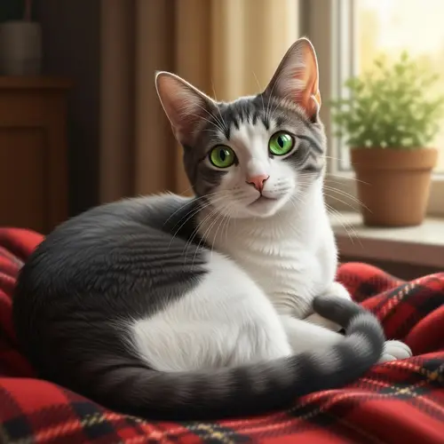 Gray and White Domestic Short-Haired Cat on Cozy Plaid Blanket