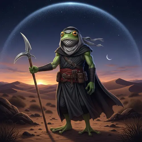 Pepe Frog Hashashin with Glaive in Desert at Dusk