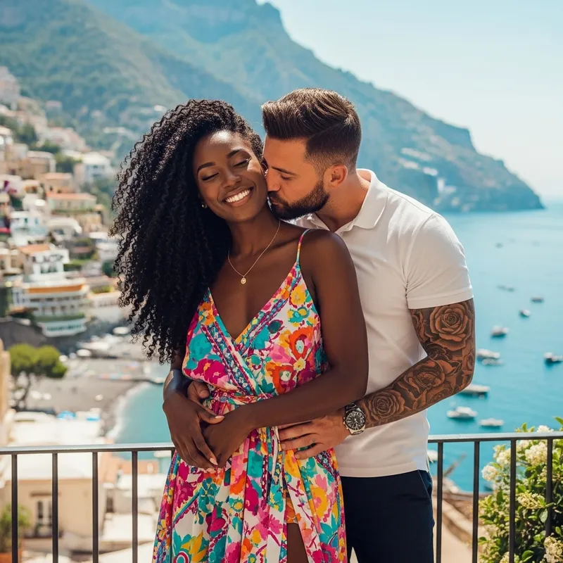 Elegant Black Woman with Luscious Curls and Italian Lover on Amalfi Coast | Love and Beauty