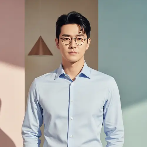 Modern East Asian Man in Stylish Shirt & Glasses