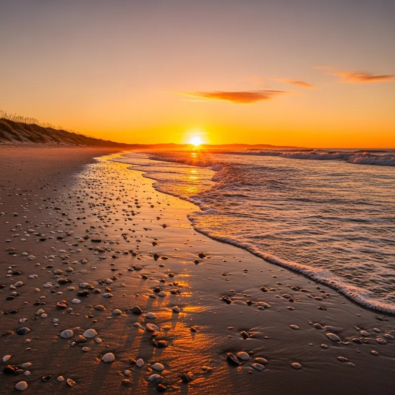 Tranquil Sunset Beach Scene with Golden Hues, Gentle Waves, and Nature's Beauty