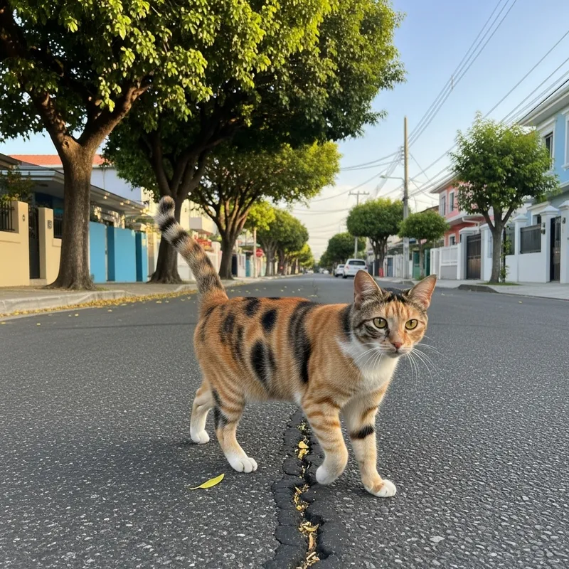 Adorable Cat Strolling Down the Street at Sunset