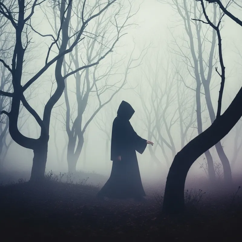 Mysterious Figure Moving Gracefully Through Dreamlike Forest