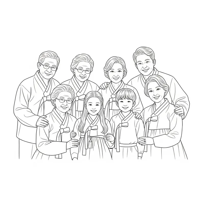 Korean Family Line Sketch: Bonds of Love