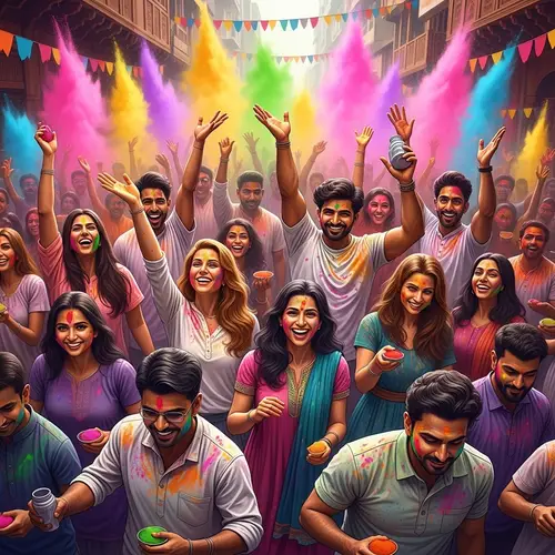 Vibrant Holi Celebration in India: Dynamic Street Scene