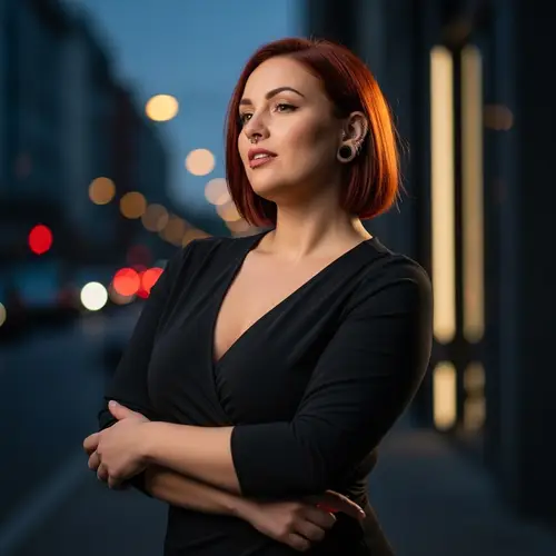 Edgy Plump Woman with Red Bob Haircut - Full-Length Portrait