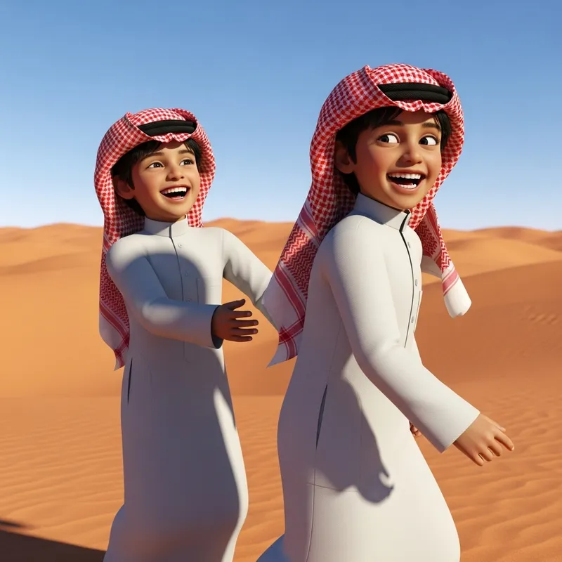 Saudi Little Boys - Realistic 3D Render in Desert