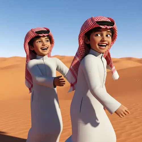 Saudi Arabian Boys Playing in Sunlit Desert