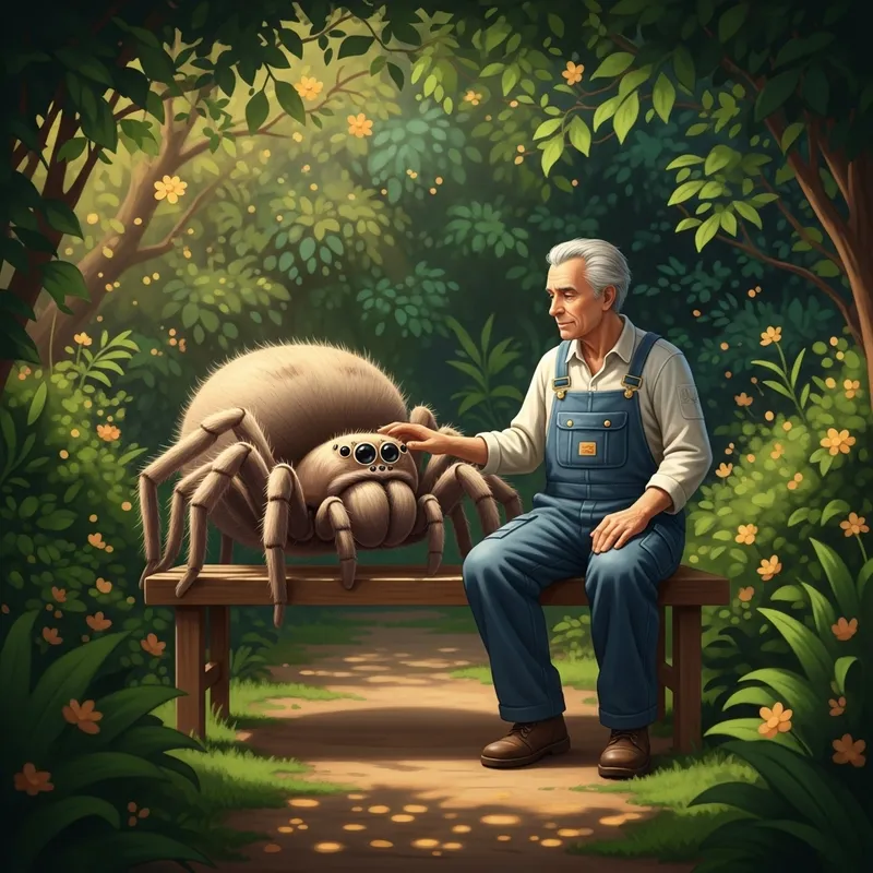 Older Man and His Spider Friend in a Peaceful Garden