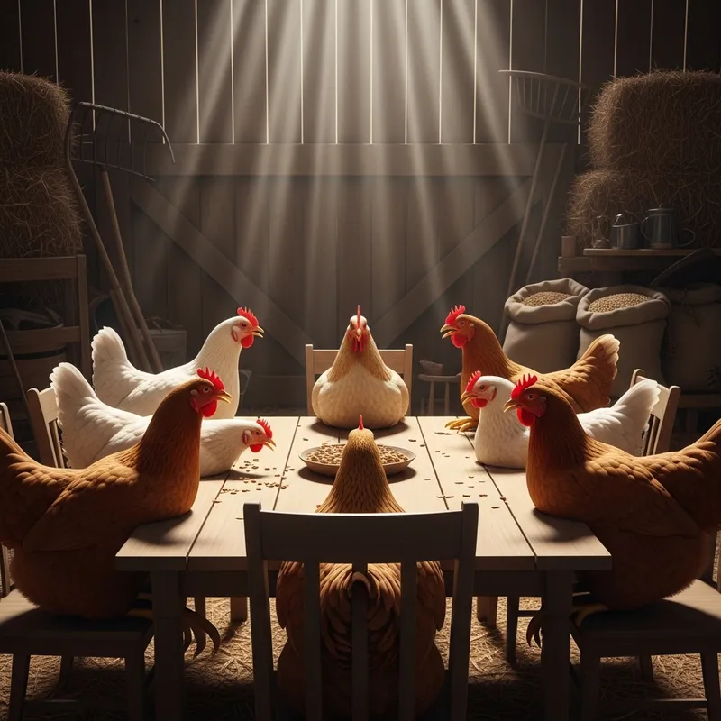 Hens Meeting at Table | Rustic Barn Chicken Gathering