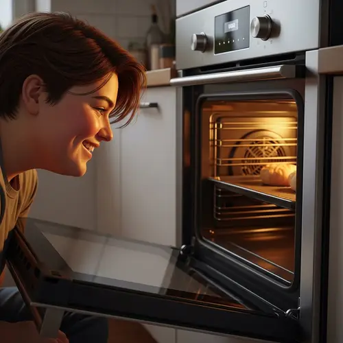 Chubby Person Sitting by Oven with Joyful Expression