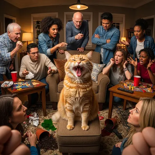 Laughing Cat Surrounded by Diverse Angry People