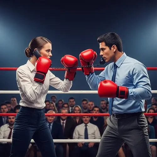 Sales Battle: Tense Phone Showdown in Bold Colors